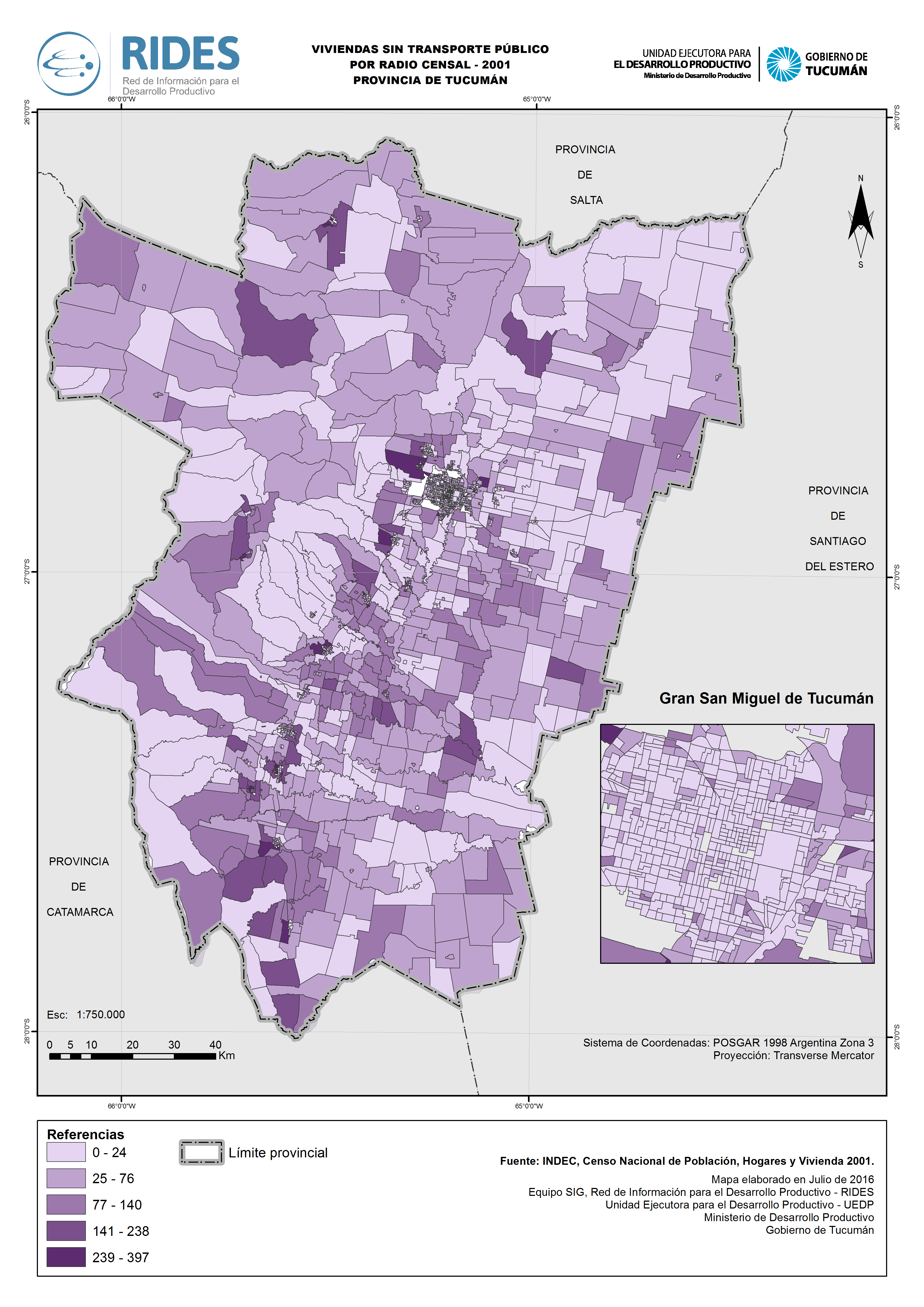 Viviendas sin transporte público 2001 RIDES Mapas Tematicos RIDES