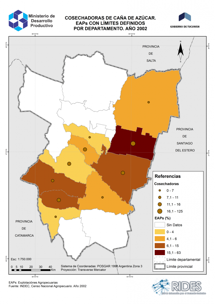 Imagen del Mapa de Cosechadoras de caña de azúcar por departamento – 2002 – Prov. de Tucumán