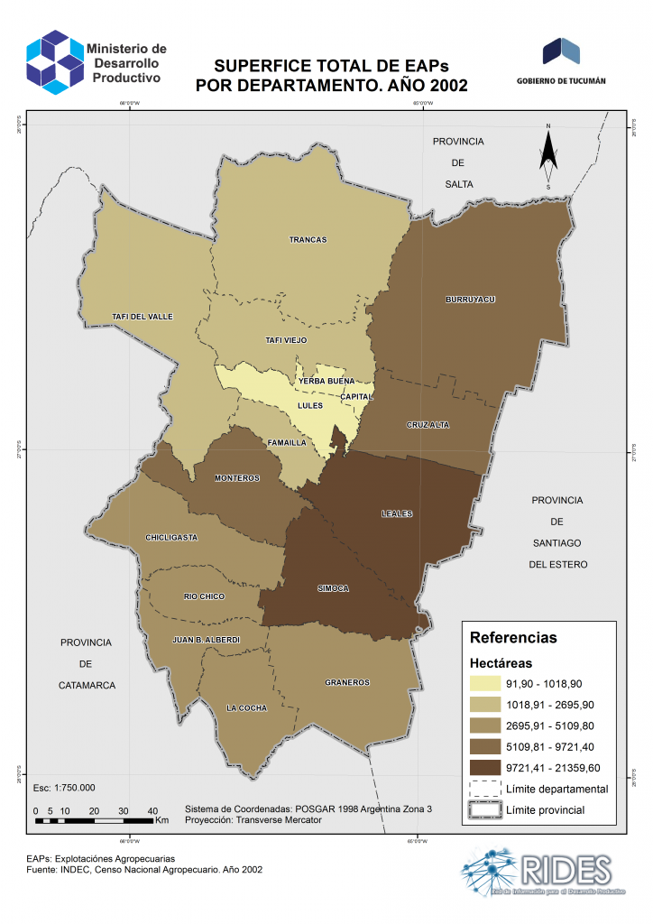 Imagen del Mapa de Superficie total de EAPs por departamento – 2002 – Prov. de Tucumán