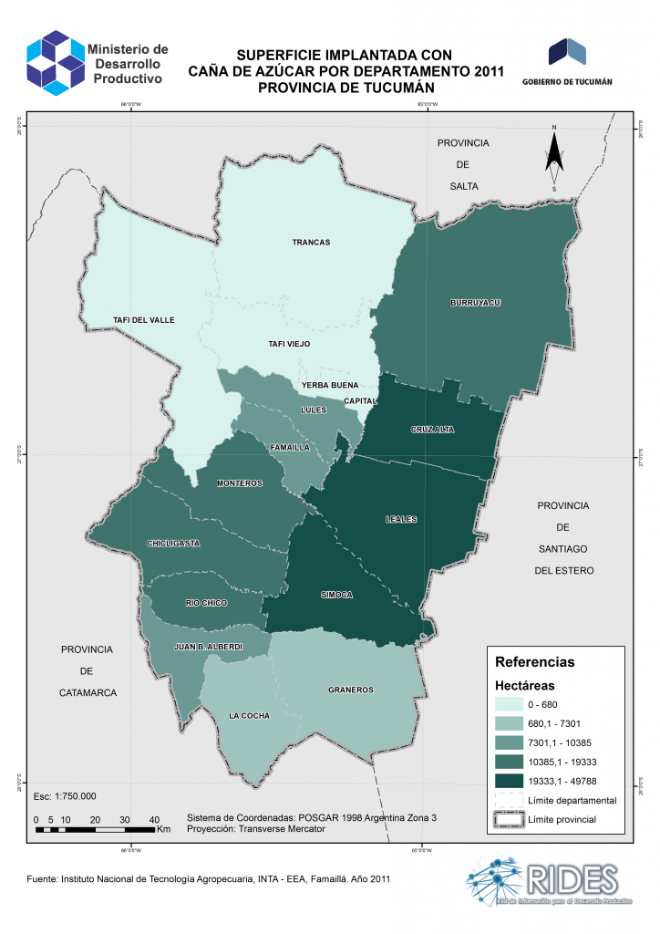 Imagen del Mapa de Superficie implantada con caña de azúcar 2011 – Prov. de Tucumán