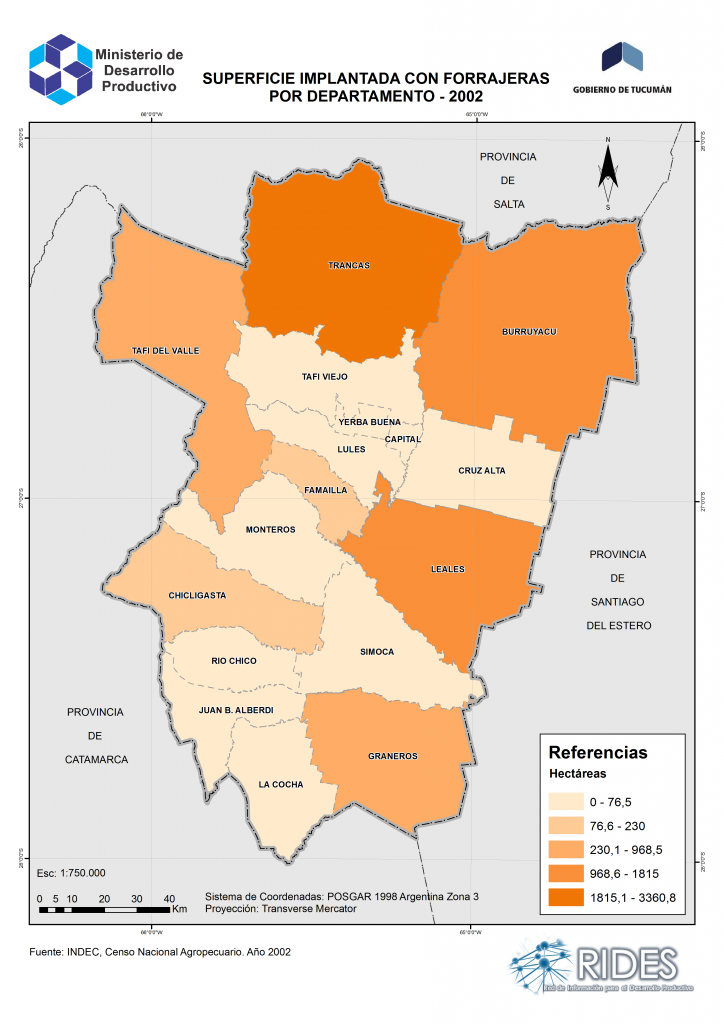 Imagen del Mapa de Superficie Implantada con Forrajeras por departamento – 2002 – Prov. de Tucumán