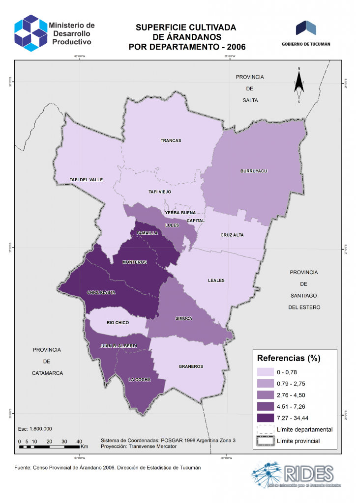 Imagen del Mapa de Superficie cultivada de Arándanos por Departamento – 2006 – Prov. de Tucumán