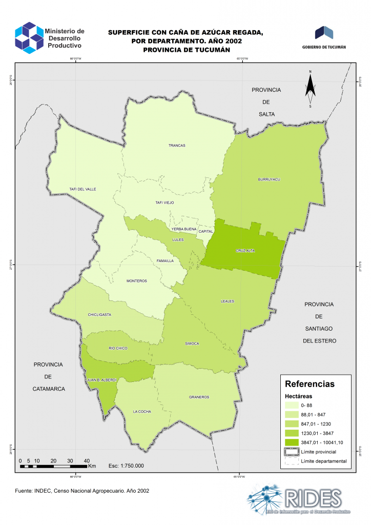 Imagen del Mapa de Superficie con caña de azúcar regada, por departamento – Prov. de Tucumán