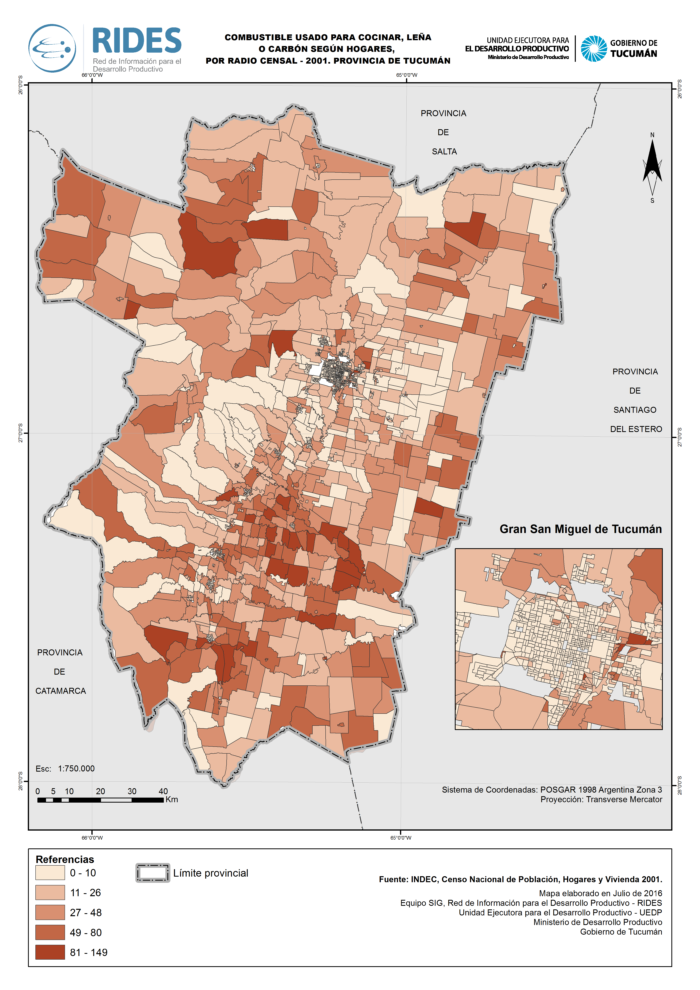 Imagen del Mapa de Combustible usado para cocinar, leña o carbón – 2001 – Prov. de Tucumán