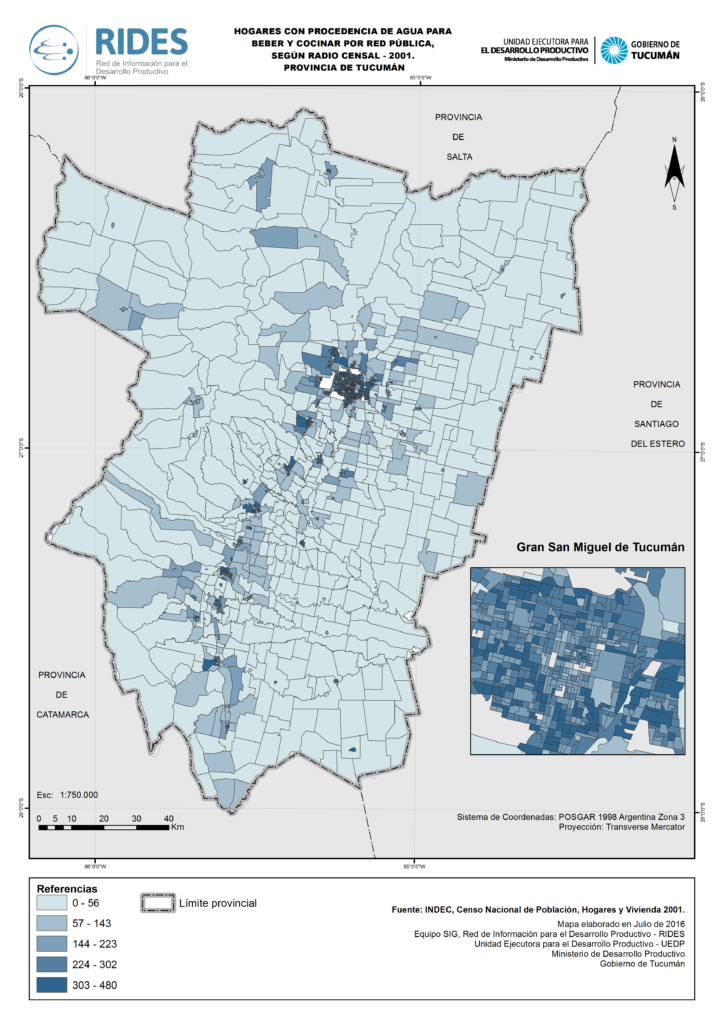 Imagen del Mapa de Hogares con agua por red pública – 2001 – Prov. de Tucumán