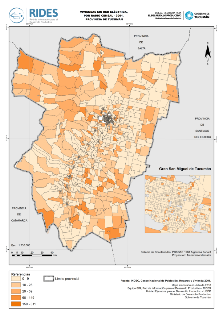 Imagen del Mapa de Viviendas sin red eléctrica – 2001 – Prov. de Tucumán