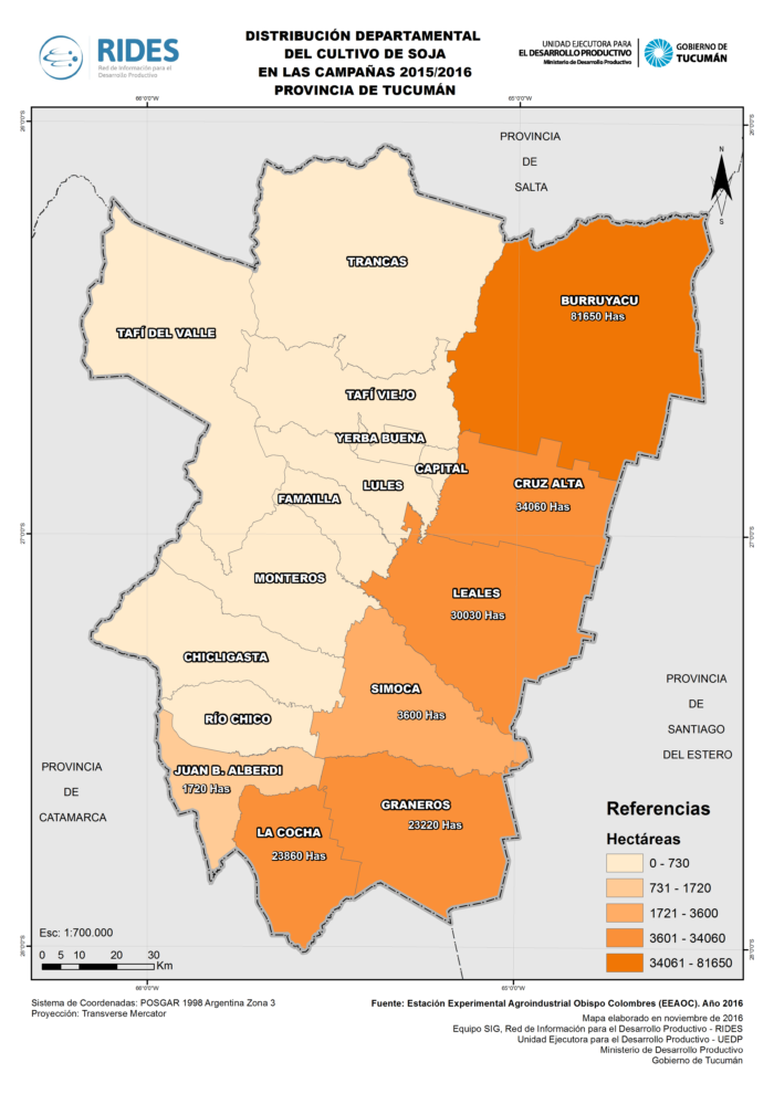 Imagen del Mapa de Superficie ocupada con soja, campaña 2015/2016 – Prov. de Tucumán