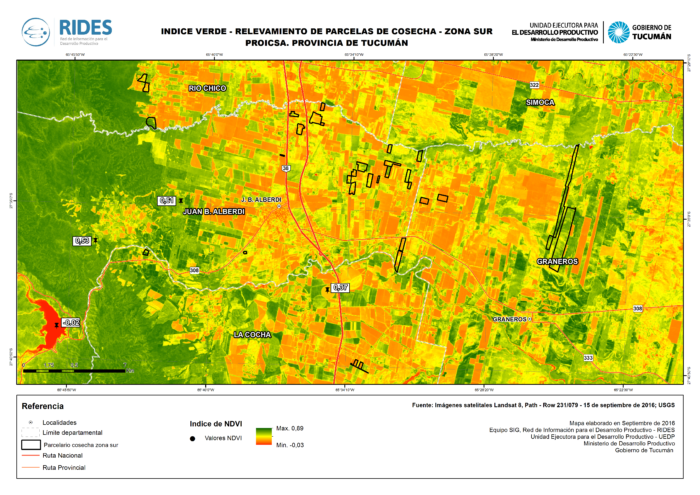 Imagen del Mapa de Índice Verde aplicado al relevamiento de parcelas de cosecha en zona sur de Tucumán