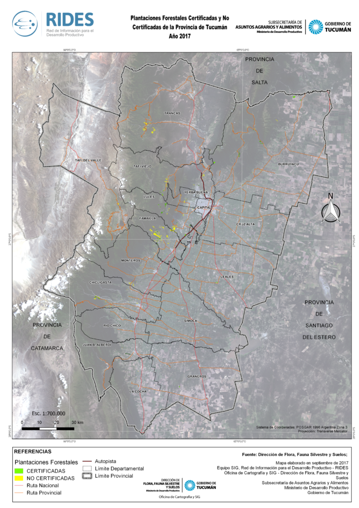 Imagen del Mapa de Plantaciones Forestales certificadas y no certificadas. Año 2017 – Prov. de Tucumán