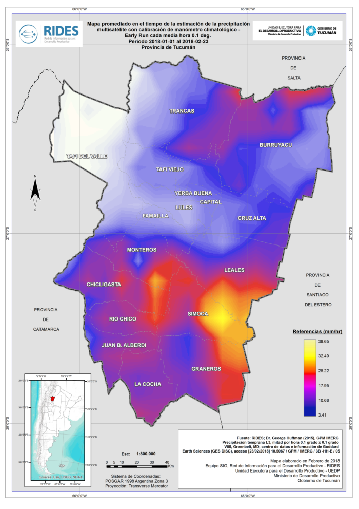 Imagen del Mapa de Estimación de la precipitación. Periodo 2018-01-01 al 2018-02-23 – Prov. de Tucumán