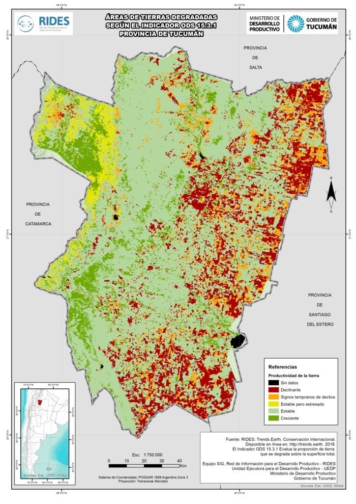 Imagen del Mapa de Áreas de tierras degradadas según el indicador ODS 15.3.1