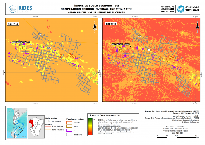 Imagen del Mapa de Índice de Suelo Desnudo – BSI, Periodo invernal 2014 y 2019, Amaicha del Valle, Prov. de Tucumán