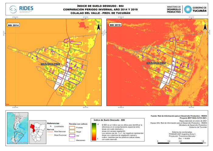 Imagen del Mapa de Índice de Suelo Desnudo – BSI, Periodo invernal 2014 y 2019, Colalao del Valle, Prov. de Tucumán