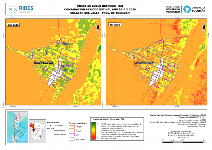 Imagen del Mapa de Índice de Suelo Desnudo – BSI, Periodo estival 2015 y 2020, Colalao del Valle, Prov. de Tucumán