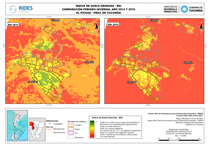 Imagen del Mapa de Índice de Suelo Desnudo – BSI, Periodo invernal 2014 y 2019, El Pichao, Prov. de Tucumán