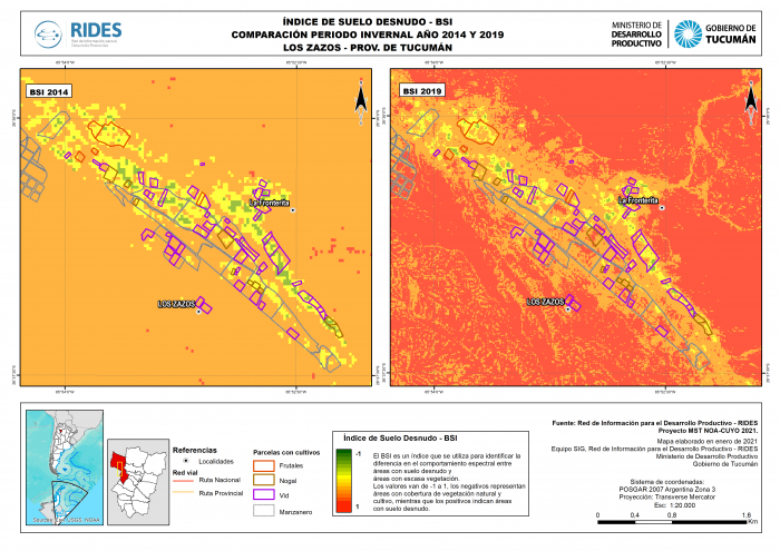 Imagen del Mapa de Índice de Suelo Desnudo – BSI, Periodo invernal 2014 y 2019, Los Zazos, Prov. de Tucumán