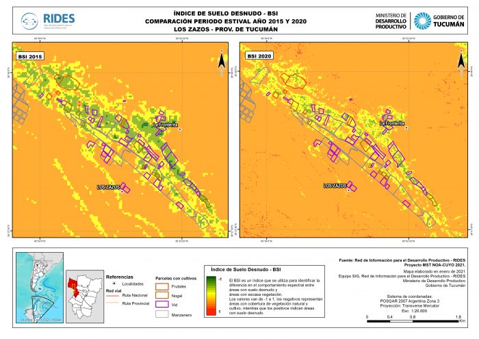 Imagen del Mapa de Índice de Suelo Desnudo – BSI, Periodo estival 2015 y 2020, Los Zazos, Prov. de Tucumán