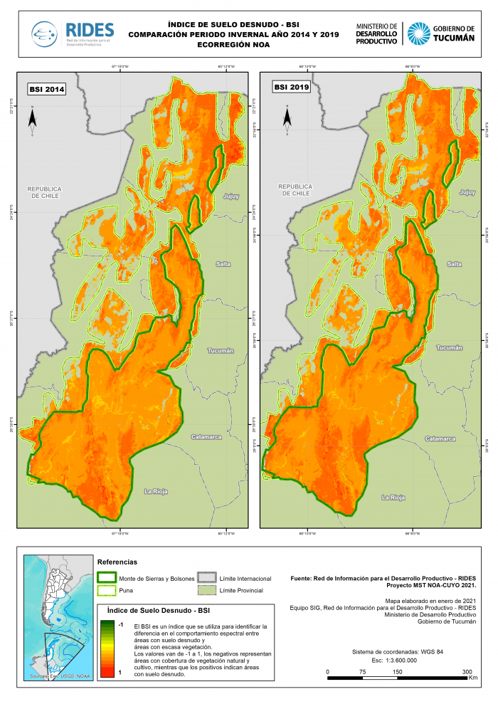 Imagen del Mapa de Índice de Suelo Desnudo – BSI, Periodo Invernal 2014 y 2019, Ecorregión NOA, República Argentina