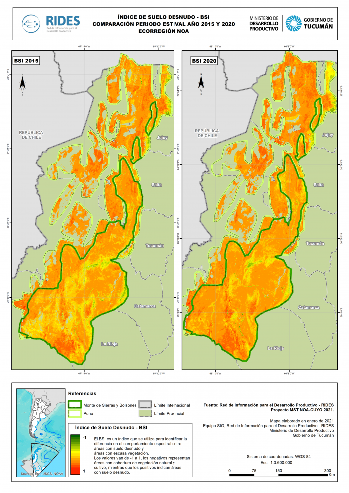 Imagen del Mapa de Índice de Suelo Desnudo – BSI, Periodo estival 2015 y 2020, Ecorregión NOA, República Argentina