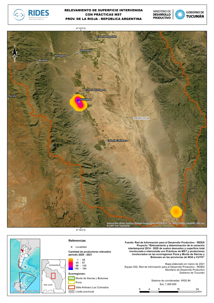 Imagen del Mapa de Relevamiento de superficie intervenida con prácticas MST , Prov. de La Rioja – República Argentina