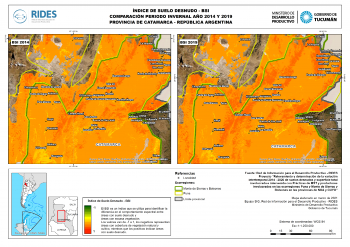 Imagen del Mapa de Índice de Suelo Desnudo – BSI, comparación periodo invernal año 2014 y 2019. Prov. de Catamarca – República Argentina