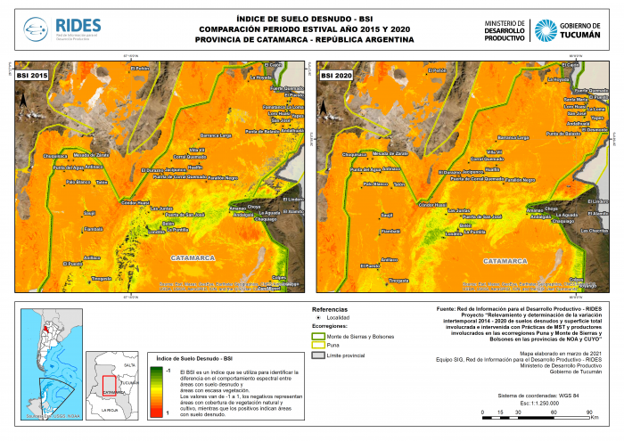 Imagen del Mapa de Índice de Suelo Desnudo – BSI, comparación periodo estival año 2015 y 2020. Prov. de Catamarca – República Argentina