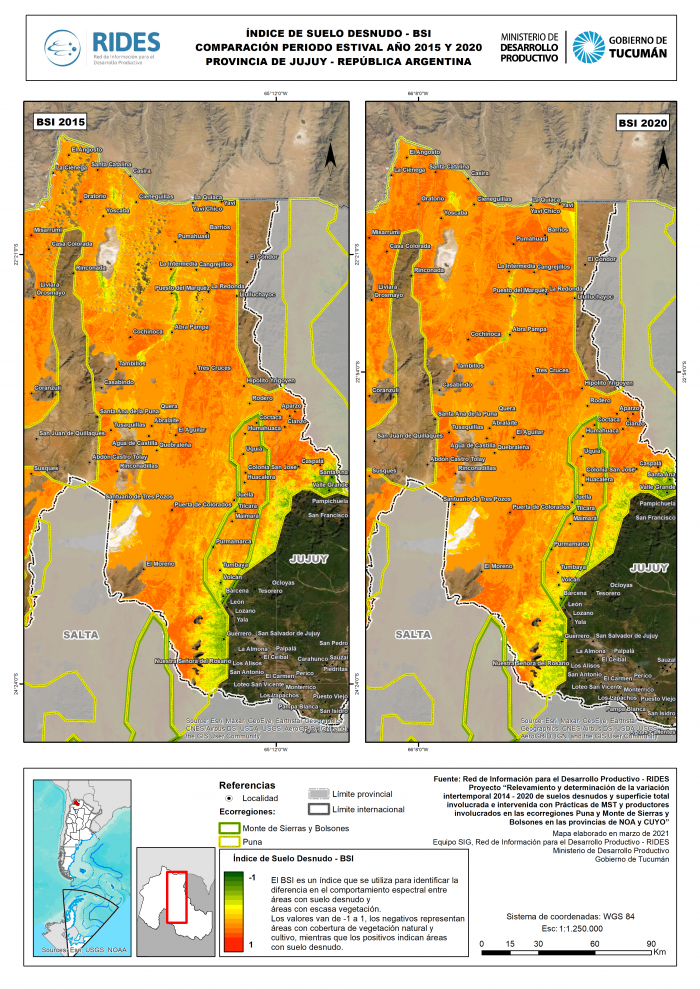 Imagen del Mapa de Índice de Suelo Desnudo – BSI, comparación periodo estival año 2015 y 2020. Prov. de Jujuy – República Argentina