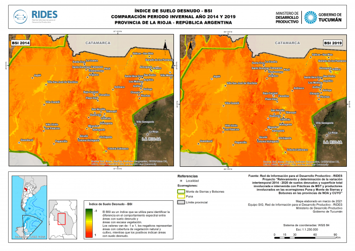 Imagen del Mapa de Índice de Suelo Desnudo – BSI, comparación periodo invernal año 2014 y 2019. Prov. de La Rioja – República Argentina