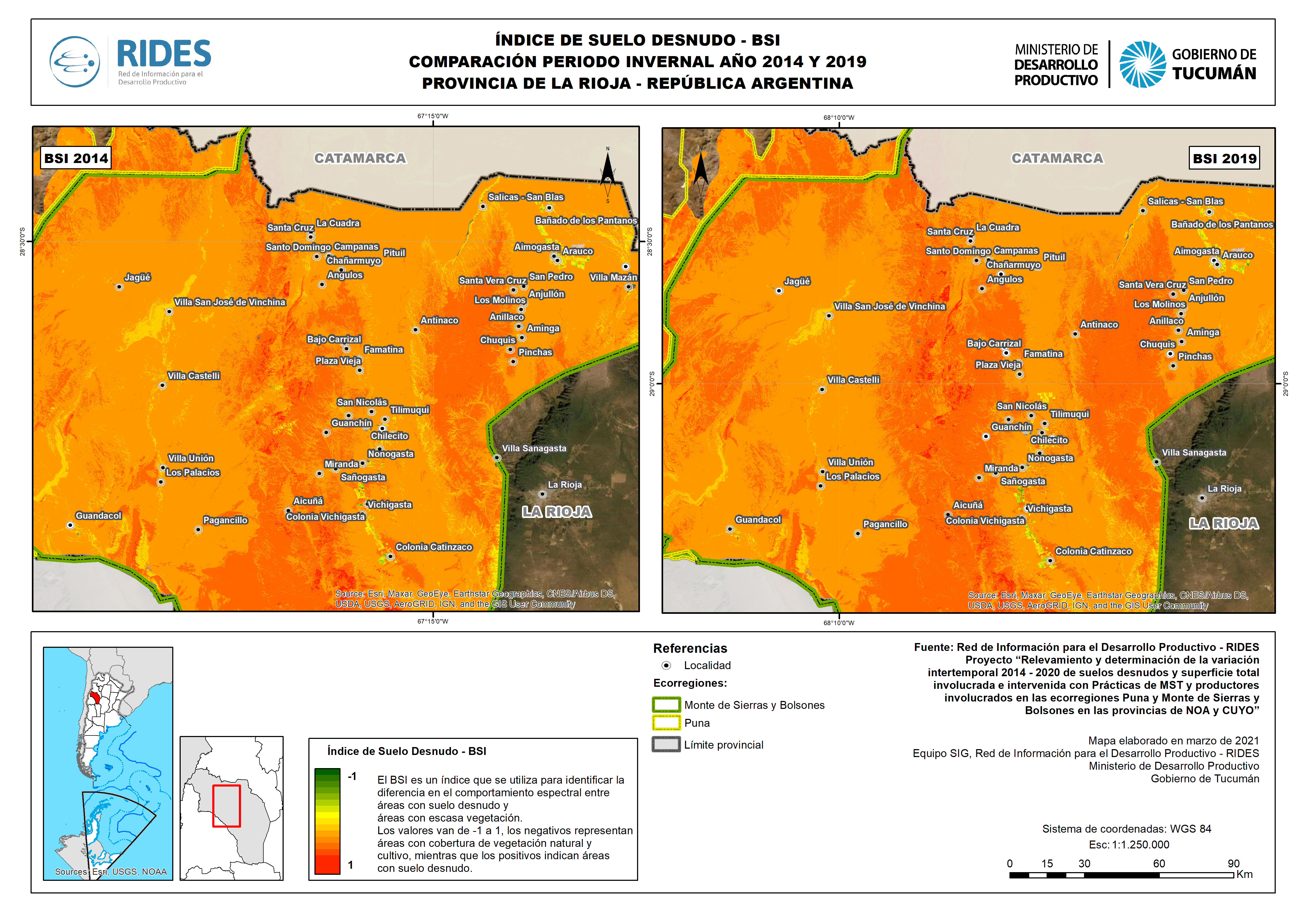 Índice de Suelo Desnudo - BSI, comparación periodo invernal año 2014 y  2019. Prov. de La Rioja - República Argentina - RIDES : RIDES