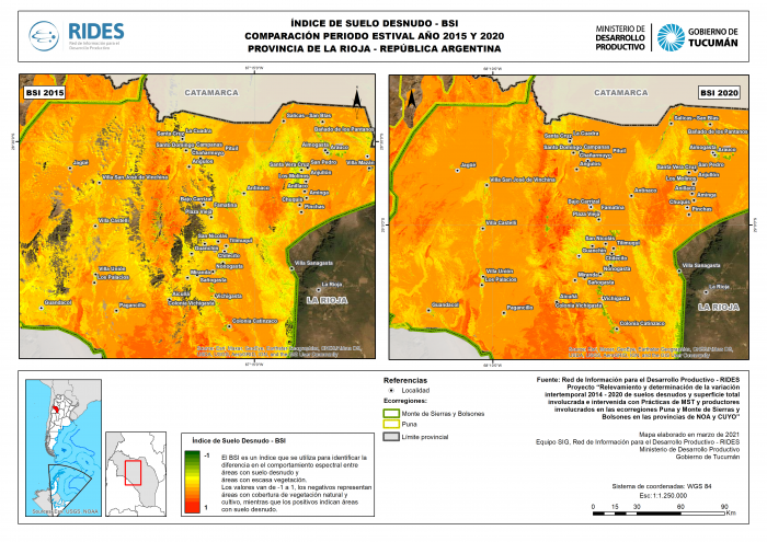 Imagen del Mapa de Índice de Suelo Desnudo – BSI, comparación periodo estival año 2015 y 2020. Prov. de La Rioja – República Argentina