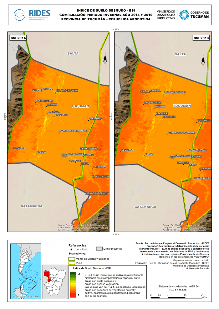 Imagen del Mapa de Índice de Suelo Desnudo – BSI, comparación periodo invernal año 2014 y 2019. Prov. de Tucumán – República Argentina