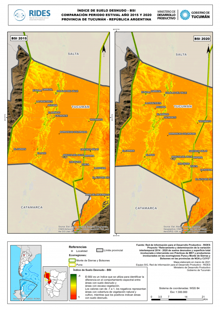 Imagen del Mapa de Índice de Suelo Desnudo – BSI, comparación periodo estival año 2015 y 2020. Prov. de Tucumán – República Argentina