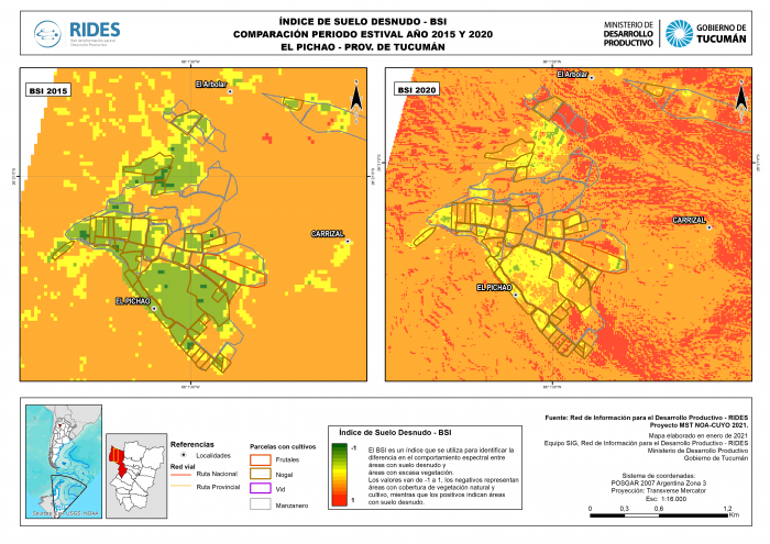 Imagen del Mapa de Índice de Suelo Desnudo – BSI, Periodo estival 2015 y 2020, El Pichao, Prov. de Tucumán