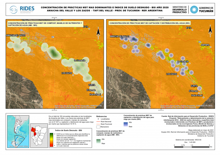 Imagen del Mapa de Concentración de prácticas MST más dominantes e Índice de Suelo Desnudo – BSI, Año 2020. Amaicha del Valle – Prov. de Tucumán – República Argentina