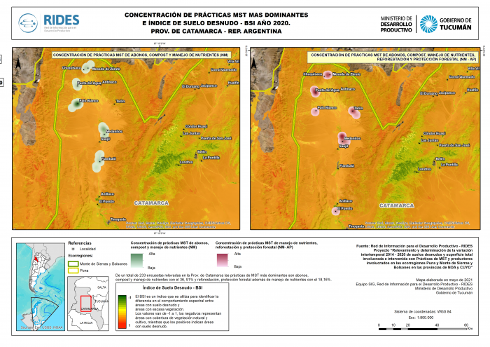 Imagen del Mapa de Concentración de prácticas MST más dominantes e Índice de Suelo Desnudo – BSI, Año 2020. Prov. de Catamarca – República Argentina