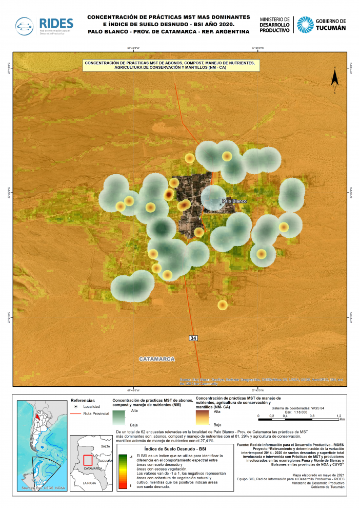 Imagen del Mapa de Concentración de prácticas MST más dominantes e Índice de Suelo Desnudo – BSI, Año 2020. Palo Blanco – Prov. de Catamarca – República Argentina