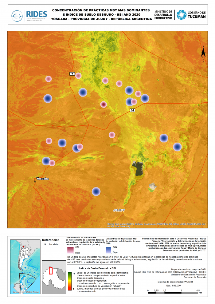 Imagen del Mapa de Concentración de prácticas MST más dominantes e Índice de Suelo Desnudo – BSI, Año 2020. Yoscaba – Prov. de Jujuy – República Argentina