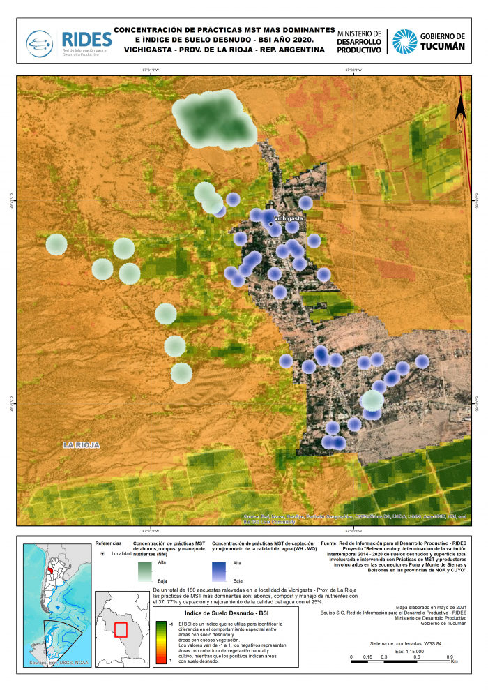 Imagen del Mapa de Concentración de prácticas MST más dominantes e Índice de Suelo Desnudo – BSI, Año 2020. Vichigasta – Prov. de La Rioja – República Argentina