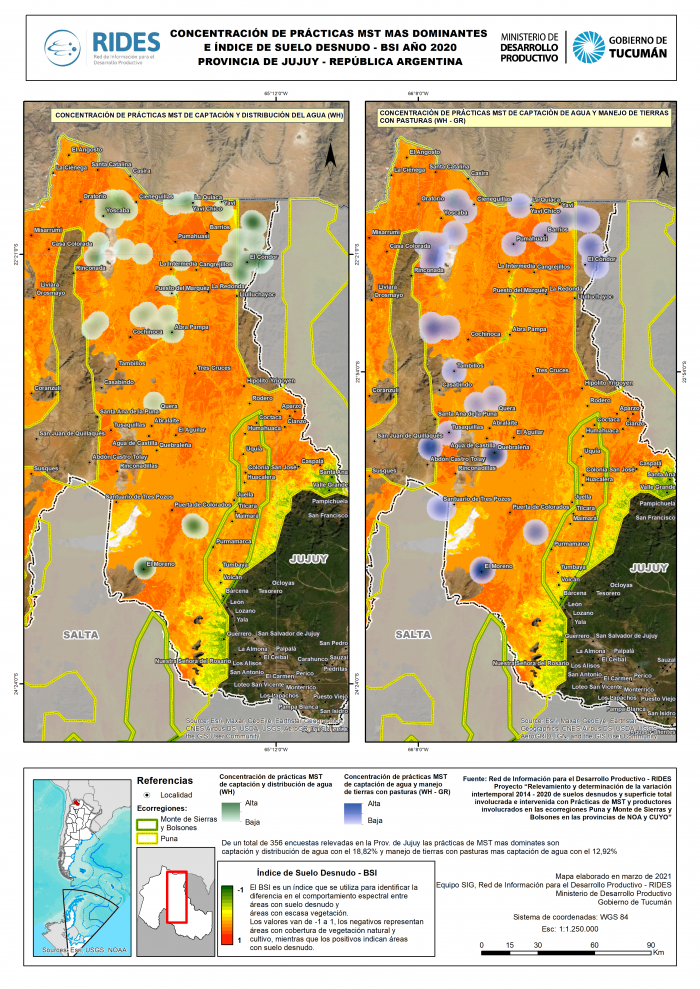 Imagen del Mapa de Concentración de prácticas MST más dominantes e Índice de Suelo Desnudo – BSI, Año 2020. Prov. de Jujuy – República Argentina