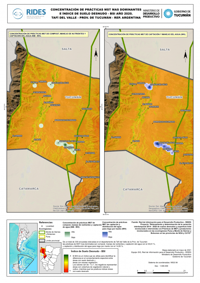 Imagen del Mapa de Concentración de prácticas MST más dominantes e Índice de Suelo Desnudo – BSI, Año 2020. Prov. de Tucumán – República Argentina