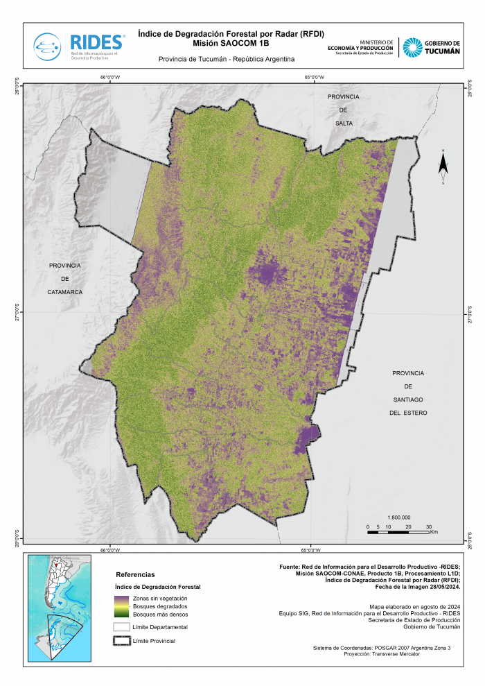 Imagen del Mapa de Índice de Degradación Forestal por Radar (RFDI) Misión SAOCOM 1B – Prov. de Tucumán