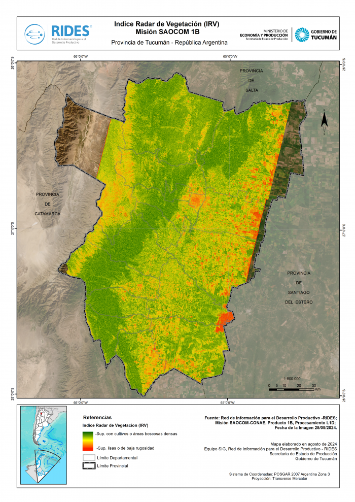 Imagen del Mapa de Índice Radar de Vegetación (IRV) Misión SAOCOM 1B – Prov. de Tucumán